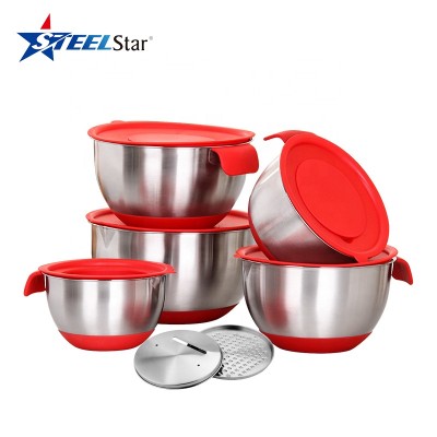 Stainless Steel Mixing Bowls Set of 5 with airtight Lids 3 kind of graters red kitchen bowls set with non-slip base and handle