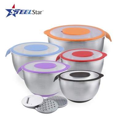 Stainless Steel Mixing Bowls with Airtight Lids  Nesting Bowls Set Grater Attachments, Measurement Marks & Colorful Bottoms