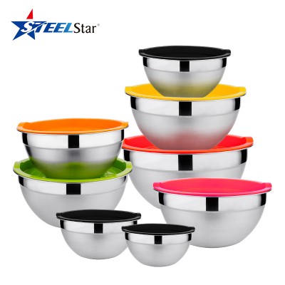 Stainless steel Mixing bowls set of 6 set of 8 with airtight cover color lid great gift polished mirror kitchen bowls size 1Qt