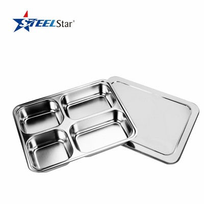 4 Compartment stainless steel 201/304 rectangle student food tray with ss lid and plastic lid