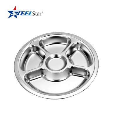 Wholesale 3/4/5 compartment round stainless steel 201/304 food tray with PP lid