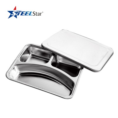 High quality stainless steel 201/304 material 3 compartment rectangle food tray with ss lid and plastic lid